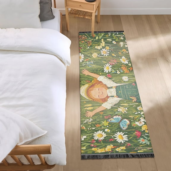 Girl in Flower Field Bedroom Runner Rug 2'x 6' Non Slip Carpet Indoor Home Area Rug Living Room