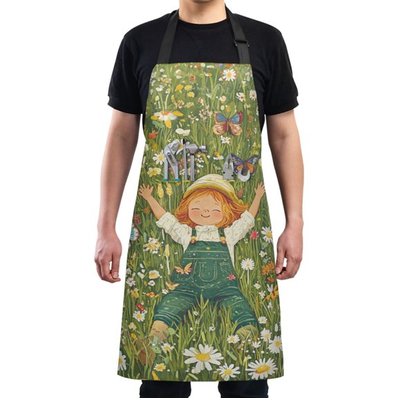 Girl in Flower Field Chef Kitchen Apron with Pockets for Women Waterproof Aprons for Cooking Baking