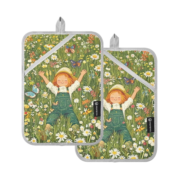 Girl in Flower Field Oven Mitts Pot Holders 2 pcs Heat Resistant for Kitchen Baking Grilling