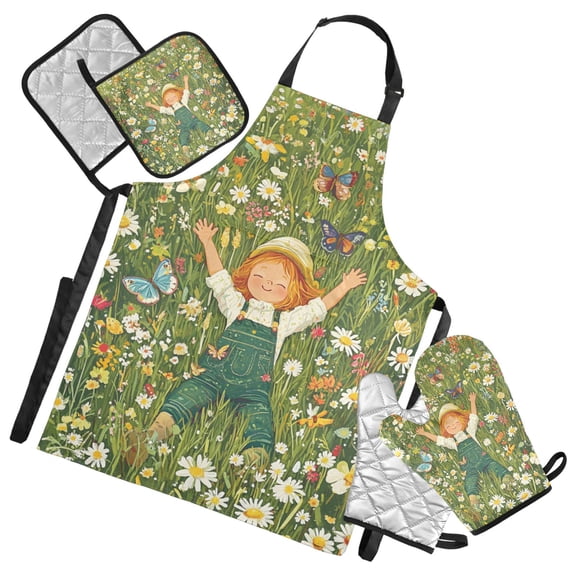 Girl in Flower Field Oven Mitts and Pot Holders with Chef Apron Set 5 Pcs Kitchen Cooking Set