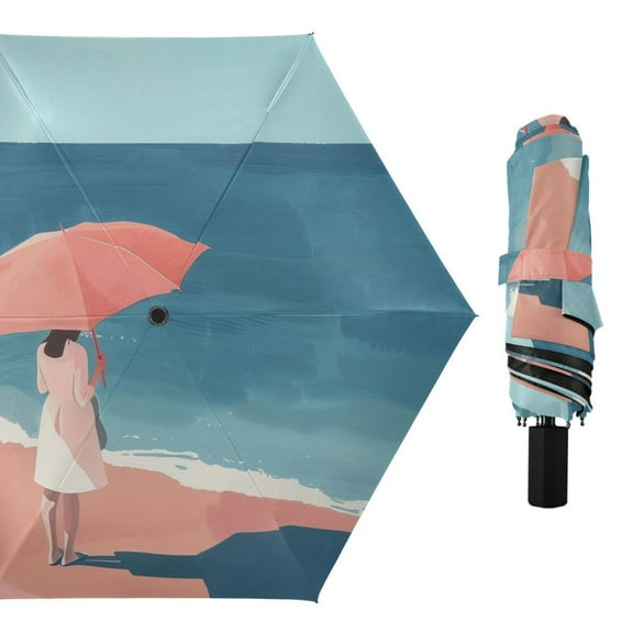 Girl in Seaside Compact Sun Umbrella Windproof Travel Umbrellas for Rain Strong Portable UV Protection