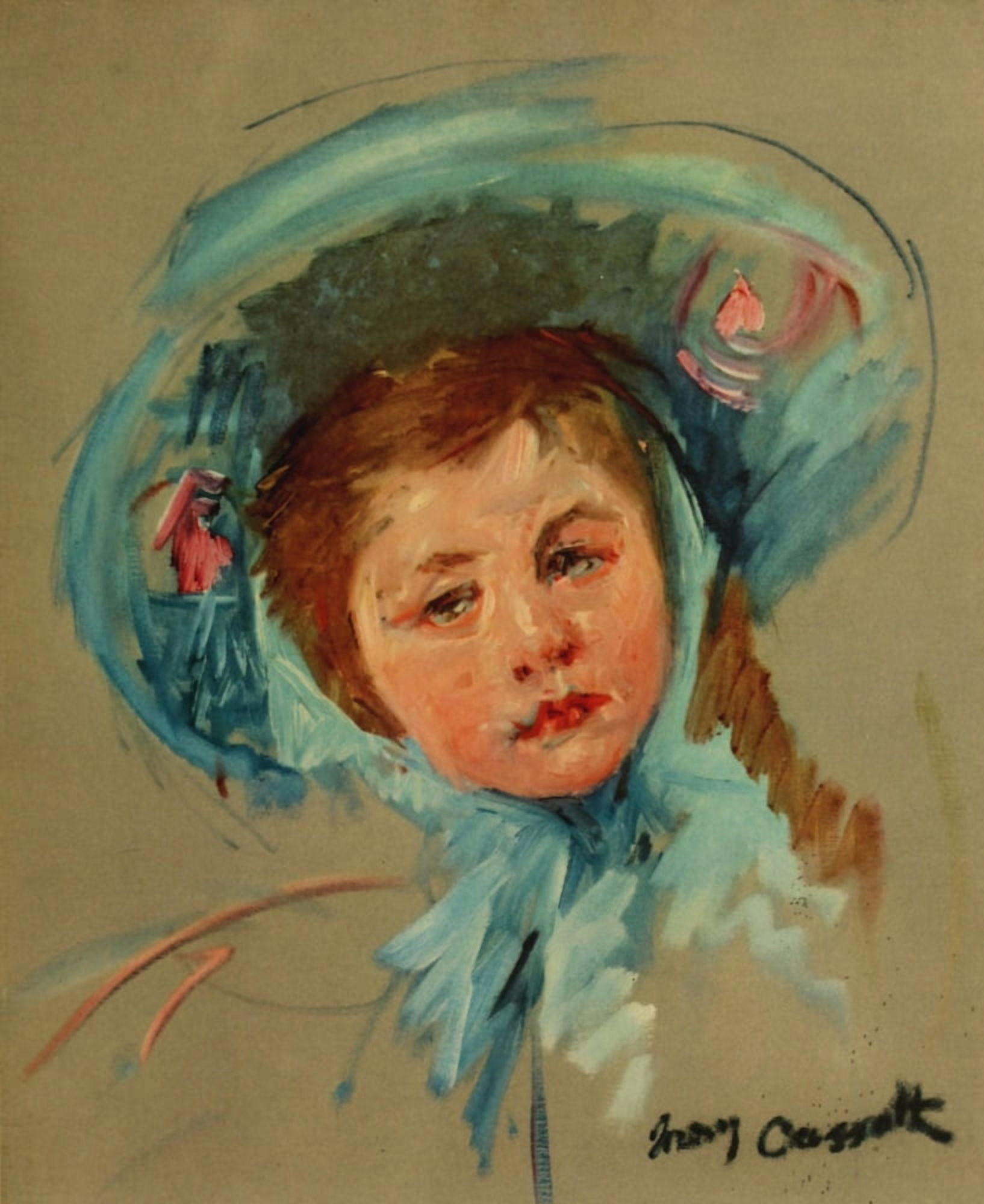 Girl in a Blue Hat 1908 Canvas Art - Mary Cassatt (24 x 36)