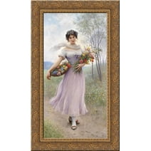 Girl in a Lilac-Coloured Dress with Bouquet of Flowers 24x16 Gold Ornate Wood Framed Canvas Art by Eugene de Blaas
