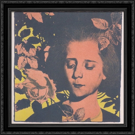 Girl in rose 28x28 Large Black Ornate Wood Framed Canvas Art by Koloman Moser