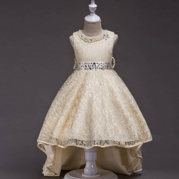 Girl ivory gown dress without Sleeves and Rhinestone for wedding, pageant, graduation, birthday ages 9-11 years old.