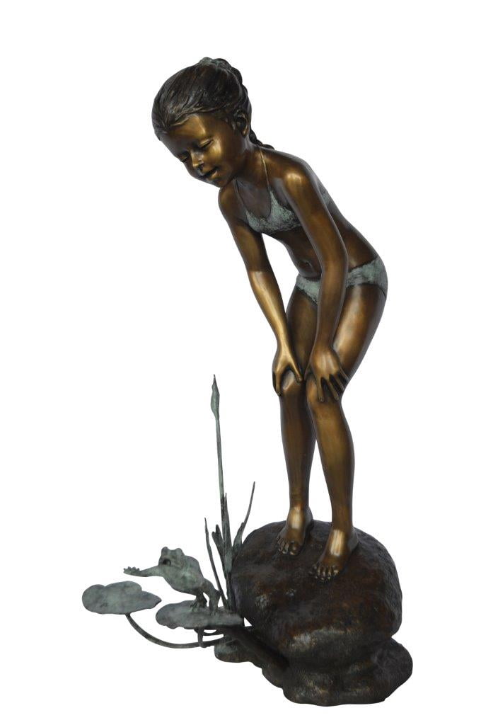 Nifao Girl Watching Jumping Frog – Outdoor Bronze Fountain, Garden Water Feature, 21"L x 15"W x 38"H