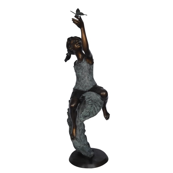 Nifao Girl on A Leaf Playing with Butterfly Bronze State, Home Decor Sculpture, 27"L x 15"W x 45"H