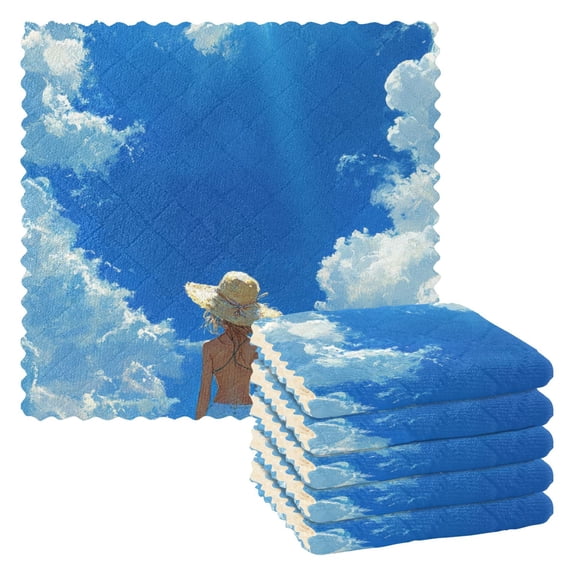 Girl on The Sunny Beach Kitchen Cloth Dish Towels for Drying Washing Absorbent Dish Rags 6 Pack