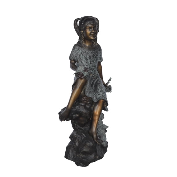 Nifao Girl on Tree Trunk Holding Flowers Bronze Statue, Home Office Decor Sculpture, 26"L x 11"W x 36"H
