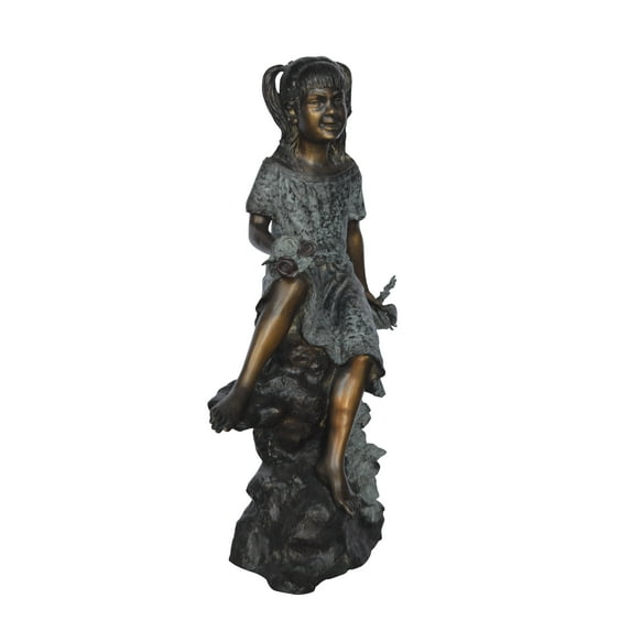Nifao Girl on Tree Trunk Holding Flowers Bronze Statue – Home Office Decor Sculpture, 26"L x 11"W x 36"H
