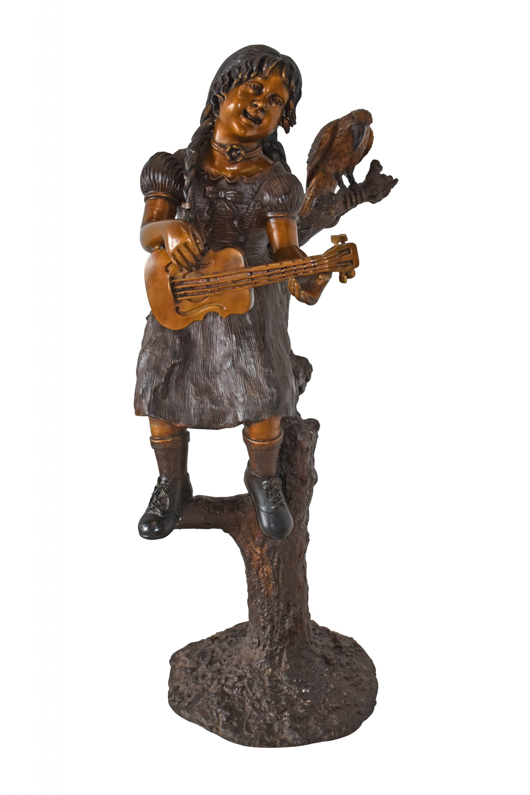 Nifao Girl on a Tree Playing the Ukulele with a Parrot Bronze Statue – Garden Outdoor Decor Sculpture, 25"L x 23"W x 50"H