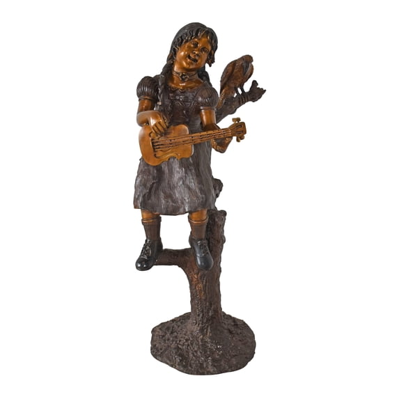 Nifao Girl on a Tree Playing the Ukulele with a Parrot Bronze Statue – Garden Outdoor Decor Sculpture, 25"L x 23"W x 50"H
