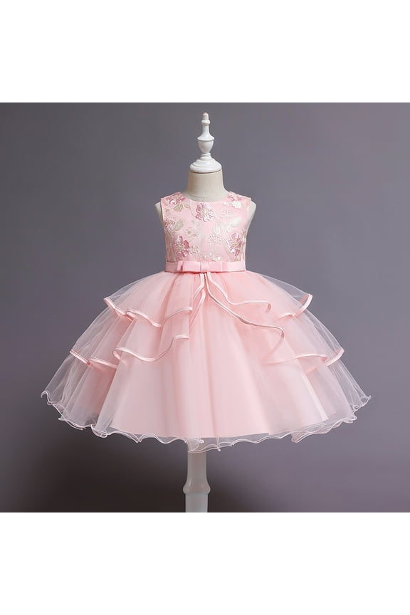 Girl pink gown dress with ruffle for wedding, pageant, graduation, birthday ages 6 years old