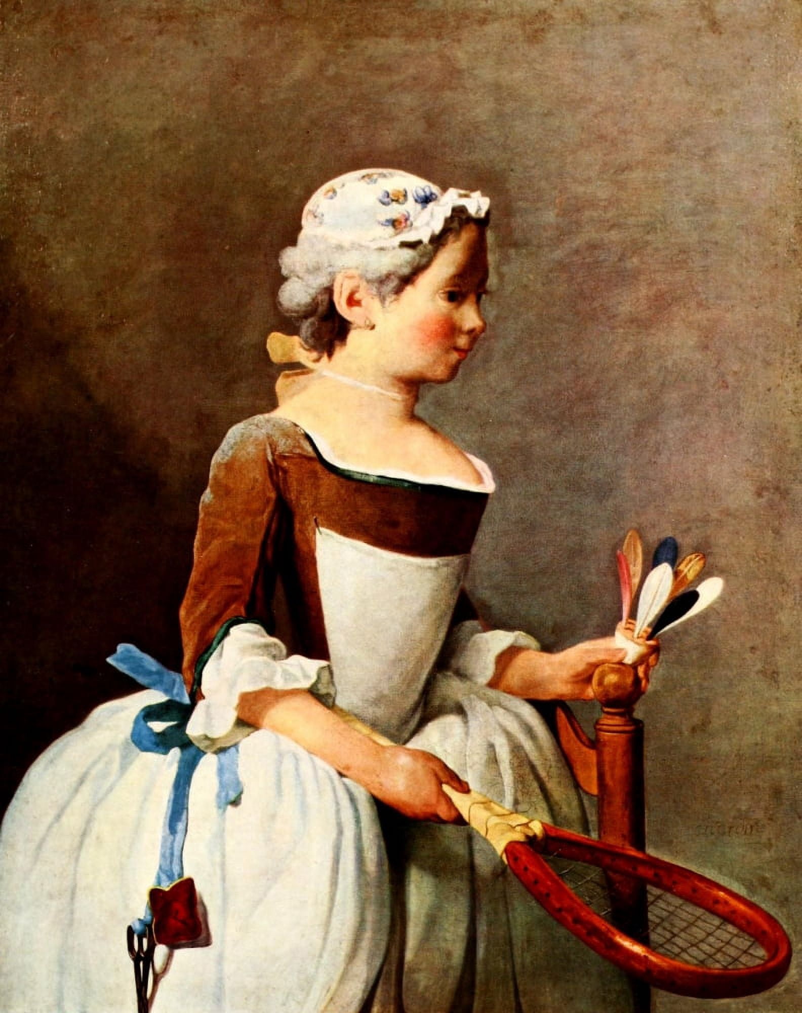 Girl playing Shuttlecock Rococo age 1960 Canvas Art - Jean-Baptiste-Simon Chardin (18 x 24)
