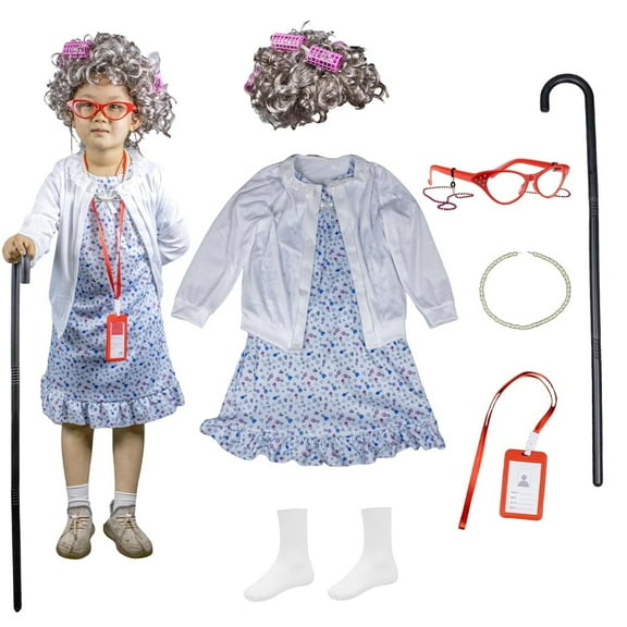 Girl's 100 Days of School Old Lady Costume Dress, Coat Set,  100 Days of School Costume for Cosplay
