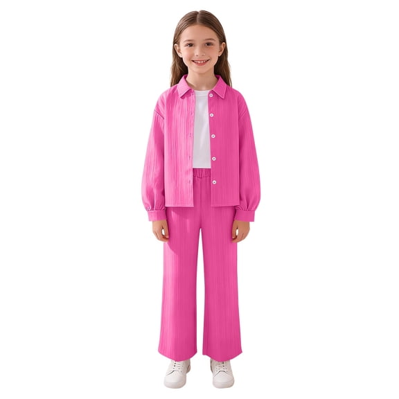 Girl's 2 Piece Casual Set Lapel Button Down Long Sleeve Shirts Elastic Waist Pockets Pants Loose Comfy Outfits (10-11 Years, Hot Pink)