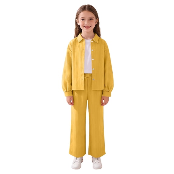 Girl's 2 Piece Casual Set Lapel Button Down Long Sleeve Shirts Elastic Waist Pockets Pants Loose Comfy Outfits (11-12 Years, Yellow)