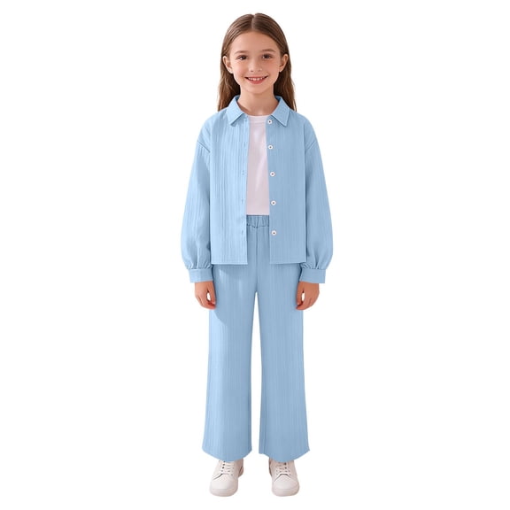 Girl's 2 Piece Casual Set Lapel Button Down Long Sleeve Shirts Elastic Waist Pockets Pants Loose Comfy Outfits (7-8 Years, Sky Blue)