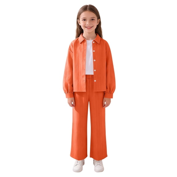 Girl's 2 Piece Casual Set Lapel Button Down Long Sleeve Shirts Elastic Waist Pockets Pants Loose Comfy Outfits (9-10 Years, Orange)
