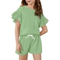 thumbnail image 1 of Girl's 2 Piece Outfit Ruffle Trim Flounce Short Sleeve Top and Drawstring High Waist Shorts Set, 1 of 3