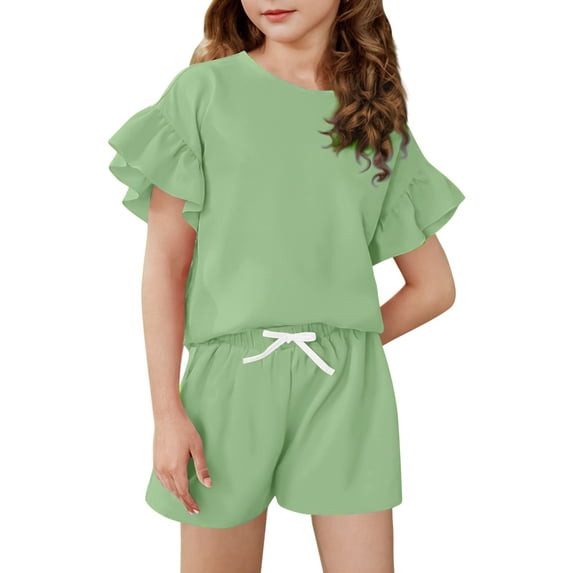 Girl's 2 Piece Outfit Ruffle Trim Flounce Short Sleeve Top and Drawstring High Waist Shorts Set