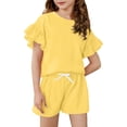 thumbnail image 1 of Girl's 2 Piece Outfit Ruffle Trim Flounce Short Sleeve Top and Drawstring High Waist Shorts Set, 1 of 3