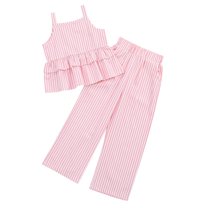 Girl's 2 Piece Outfits Cami Top Wide Leg Pants Ruffle Hem Summer Clothes with 2 Pockets 3-12Y