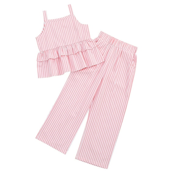 Girl's 2 Piece Outfits Cami Top Wide Leg Pants Ruffle Hem Summer Clothes with 2 Pockets 3-12Y