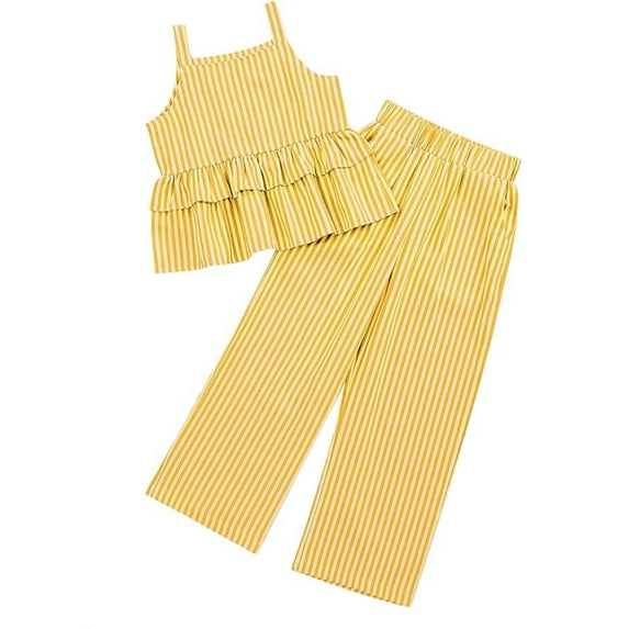 Girl's 2 Piece Outfits Cami Top Wide Leg Pants Ruffle Hem Summer Clothes with 2 Pockets 3-12Y