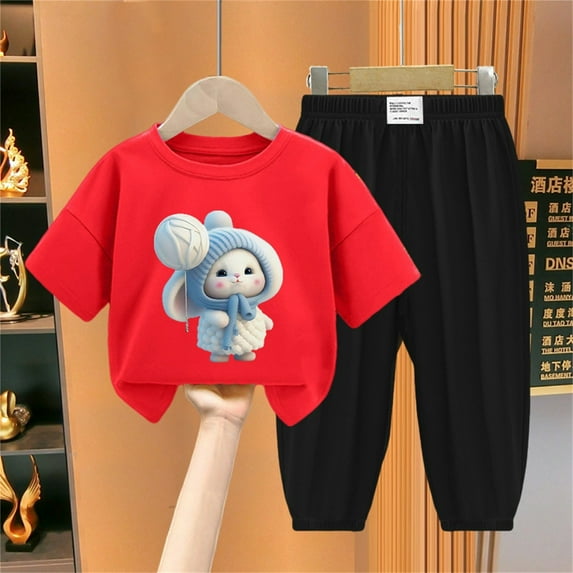 Girl's 2 Piece Outfits Cartoon Short Sleeve T-Shirt and Jogger Pants Set Easter Summer Clothes (11 Years, Red)