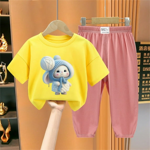 Girl's 2 Piece Outfits Cartoon Short Sleeve T-Shirt and Jogger Pants Set Easter Summer Clothes (2 Years, Yellow 01)