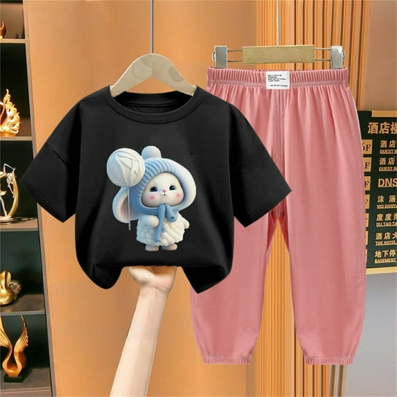 Girl's 2 Piece Outfits Cartoon Short Sleeve T-Shirt and Jogger Pants Set Easter Summer Clothes (7 Years, Black 01)