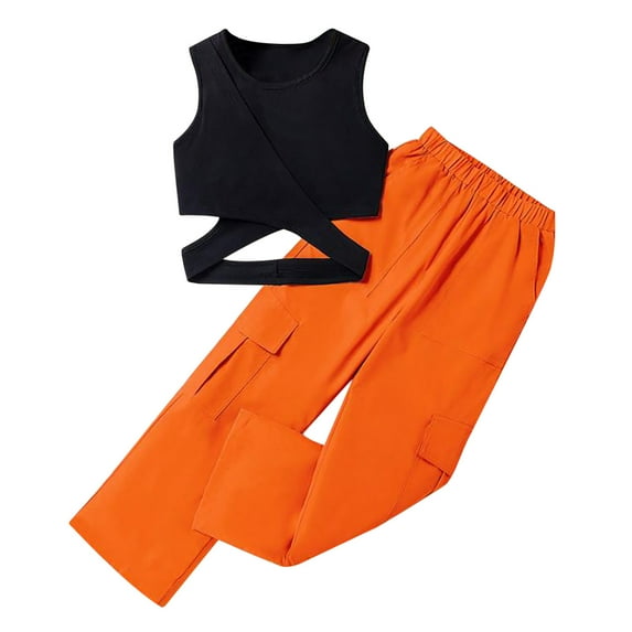 Girl's 2 Piece Outfits Cut Out Sleeveless Ribbed Tank Top and Cargo Pants Set Nation Clothes for Teens Boys Checke Pants Baby Girl Receiving Blankets and Headband 5 Piece Baby Winter Teen Girl Clothes