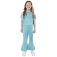 thumbnail image 1 of Girl's 2 Piece Outfits Short Sleeve Ruched Drawstring Side Tee Shirts and Flared Leg Pants Casual Comfortable Summer Sets, 1 of 5