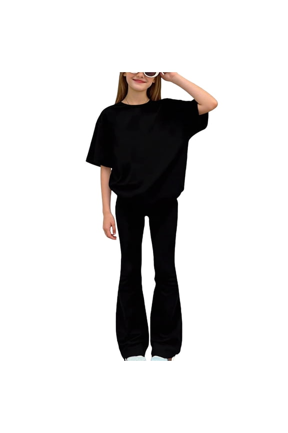 Girl's 2 Piece Outfits Short Sleeve Ruched Drawstring Side Tee Shirts and Flared Leg Pants Casual Comfortable Summer Sets