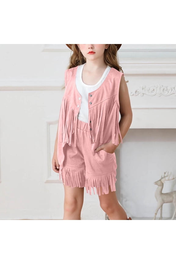 Girl's 2 Piece Set Faux Suede Vintage Fringe Vest and Shorts Boho Tops Spring Fall Cowboy Chic 70s Hippie Western Outfit 5-14 Years
