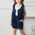 thumbnail image 1 of Girl's 2 Piece Set Faux Suede Vintage Fringe Vest and Shorts Boho Tops Spring Fall Cowboy Chic 70s Hippie Western Outfit 5-14 Years, 1 of 8