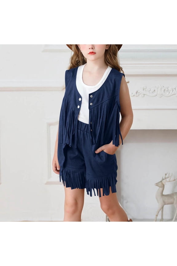 Girl's 2 Piece Set Faux Suede Vintage Fringe Vest and Shorts Boho Tops Spring Fall Cowboy Chic 70s Hippie Western Outfit 5-14 Years