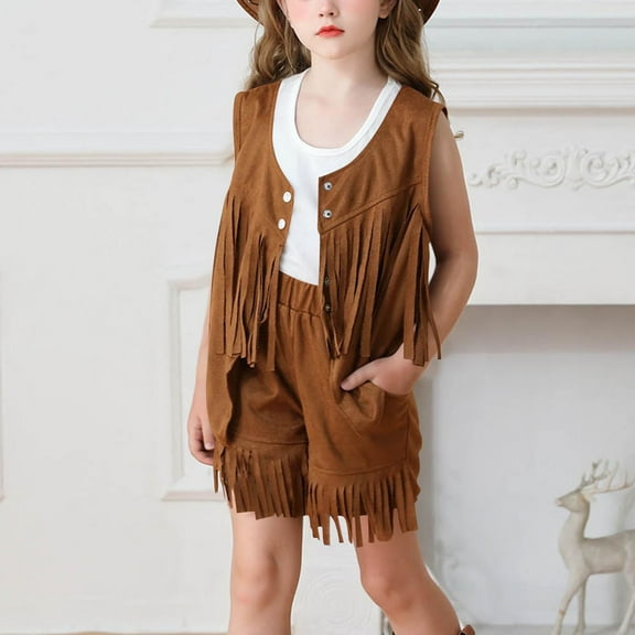 Girl's 2 Piece Set Faux Suede Vintage Fringe Vest and Shorts Boho Tops Spring Fall Cowboy Chic 70s Hippie Western Outfit 5-14 Years