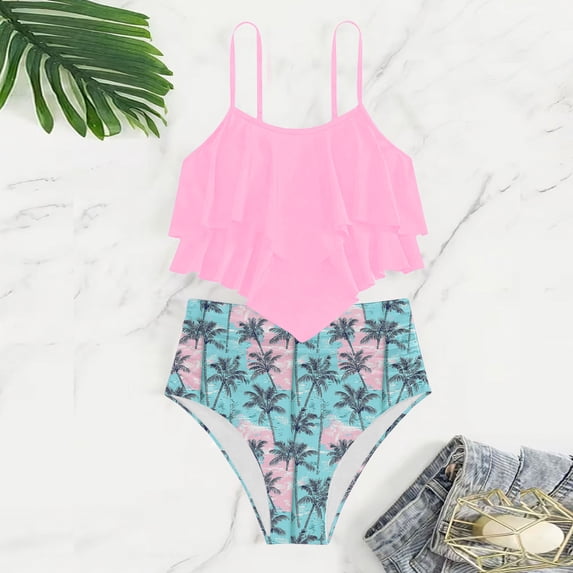 Girl's 2 Piece Tankini Swimsuits Flowy Ruffle Flounce Floral Print Cute Bathing Suits Teen Bikini Sets