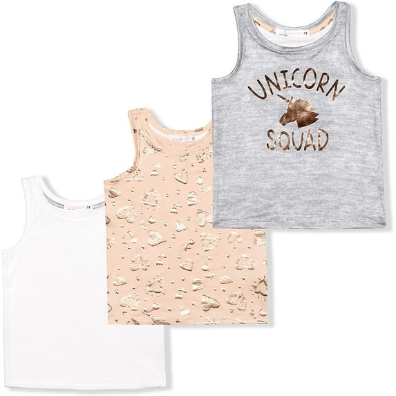 Girl's 3-Pack Unicorn Squad Graphic Tank Tops - White, Grey and Peach Sleeveless Shirts