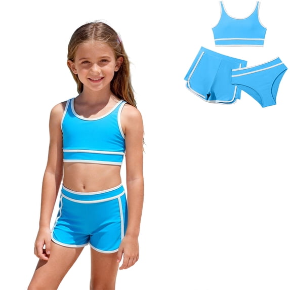 Girl's 3 Piece Bikini Swimwear with Shorts Blue Girl Bathing Suit 9-10 Years