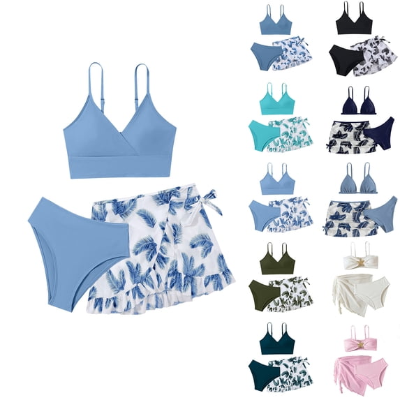 Girl's 3 Piece Bikinis Sets Floral Print High Waisted Bathing Suits Set Adjustable Straps Bikini Tops & Bottoms with Cover Up Skirts (Light Blue 17Y)
