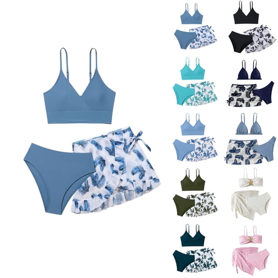 Girl's 3 Piece Bikinis Sets Floral Print High Waisted Bathing Suits Set Adjustable Straps Bikini Tops & Bottoms with Cover Up Skirts (Navy 17Y)