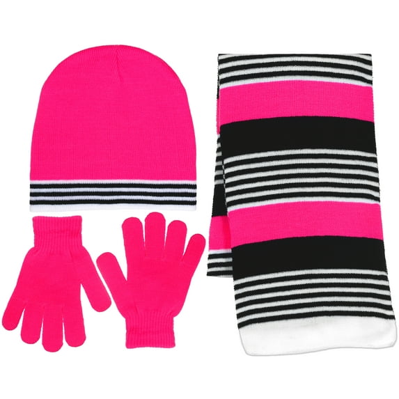 Girl's 3 Piece Knit Hat, Scarf & Gloves Set