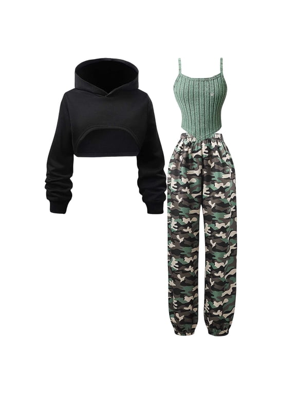 Girl's 3 Piece Pullover Sweatshirt Set Camo Outfit Long Sleeve Hooded Sweatshirt With Sleeveless Top And Cargo Pants Casual Streetwear For Kids Casual Pants Set 9-10 Years