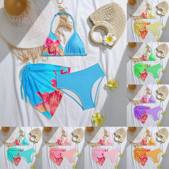 Girl's 3 Piece Swimsuits Boho Floral Backless Halter Top High Waisted Bikini Bathing Suit with Mesh Coverups Skirt