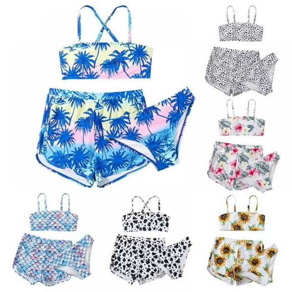 Girl's 3 Piece Swimsuits Triangle Bikini Set Bathing Suits with Cover Up Beach Skirt Swimswear