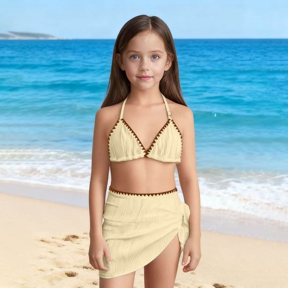Girl's 3 Piece Swimsuits with Cover Up Triangle Halter High Waisted Bikini Bathing Suits Summer Beach Swimwear Beige 16 Years