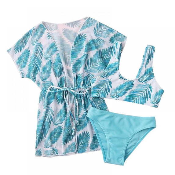 Girl's 3 Piece Swimsuits with Kimono Print Bikini Bathing Suit Set